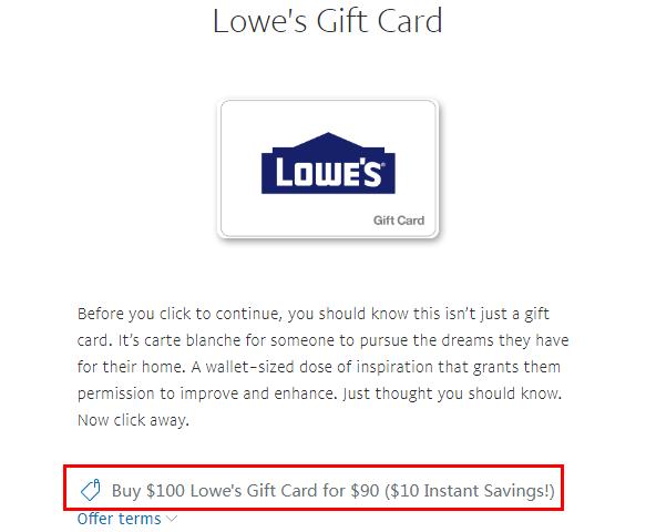 PayPal Digital Offer 100 Lowes Giftcard For 90